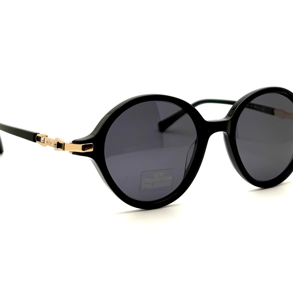 Round Black Acetate Sunglasses Gold Metal Accents, White Interior laminate - Picture 4 of 9